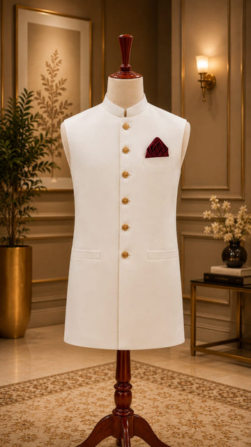 Ivory Classic Waistcoat with Antique Gold Buttons & Burgundy Pocket Square