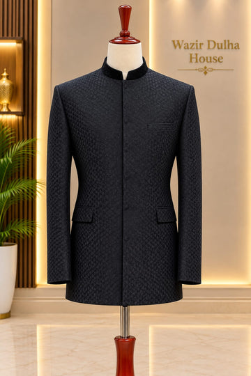Midnight Black Embroidered Velvet Collar Prince Coat