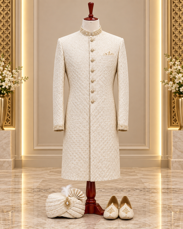 Royal Ivory Embroidered Groom Sherwani Set