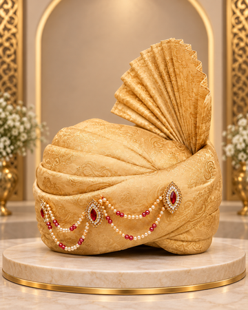 Regal Golden Brocade Groom Turban with Ruby & Pearl Detailing
