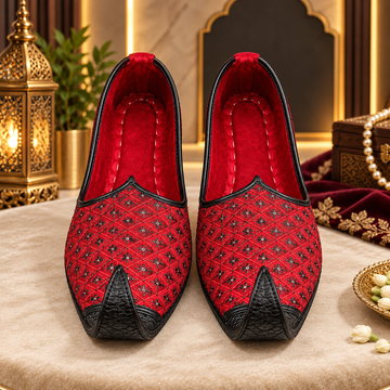 Royal Crimson Embroidered Khussa with Black Tip