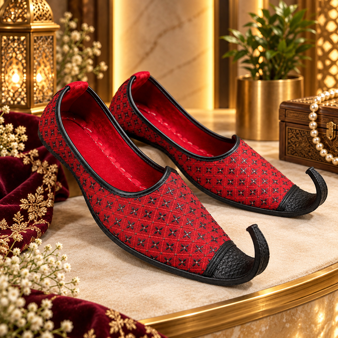 Royal Crimson Embroidered Khussa with Black Tip
