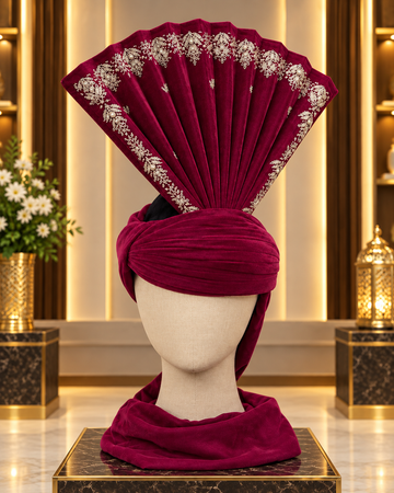 Royal Maroon Velvet Groom Turban with Hand Embroidered Fan Crest