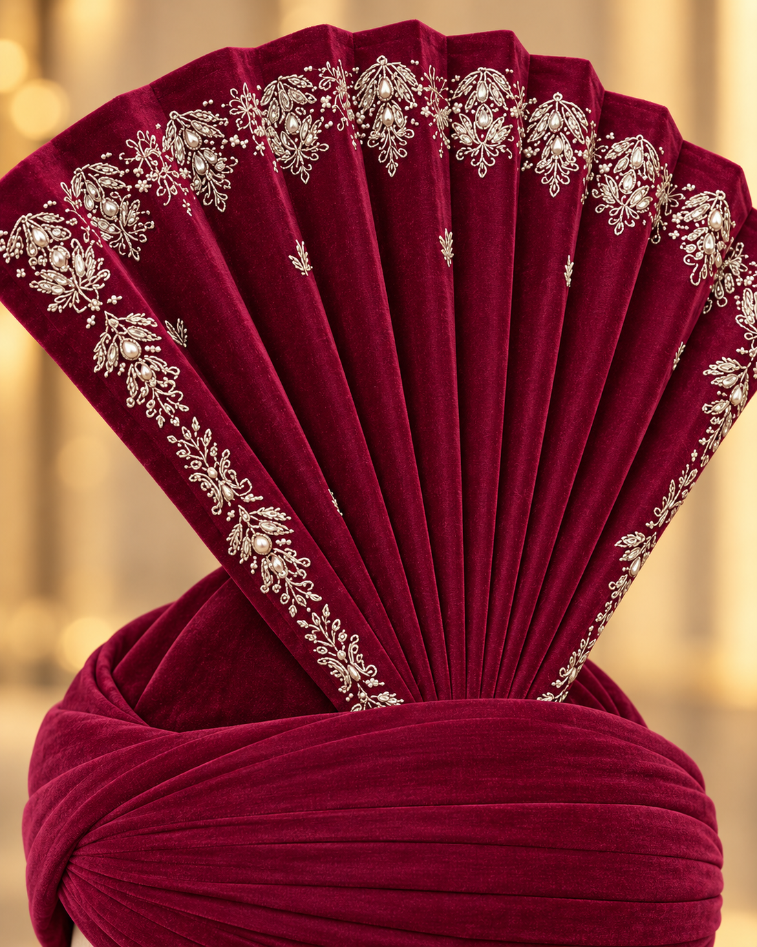Royal Maroon Velvet Groom Turban with Hand Embroidered Fan Crest