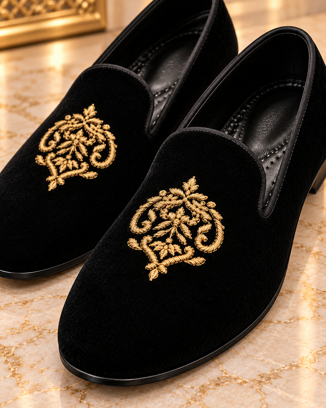 Royal Black Velvet Loafers with Gold Crest Embroidery