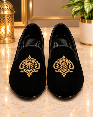Royal Black Velvet Loafers with Gold Crest Embroidery