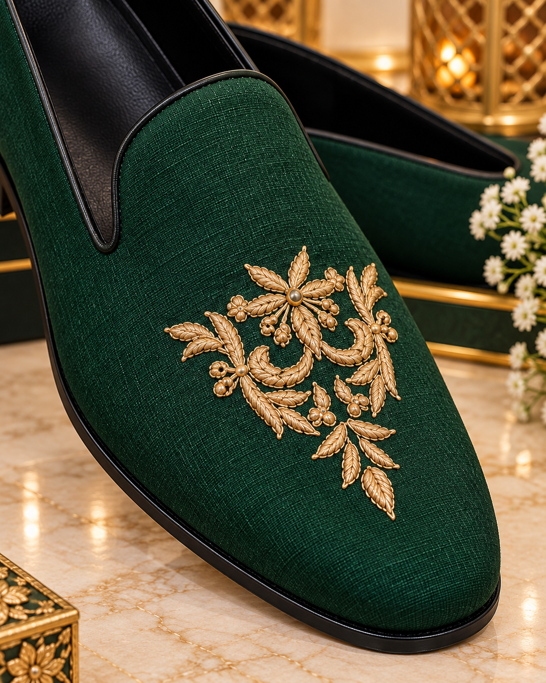 Emerald Green Velvet Loafers with Gold Crest Embroidery