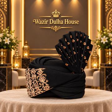Royal Black Zari Embroidered Groom Turban