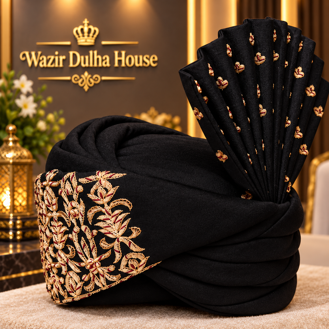 Royal Black Zari Embroidered Groom Turban