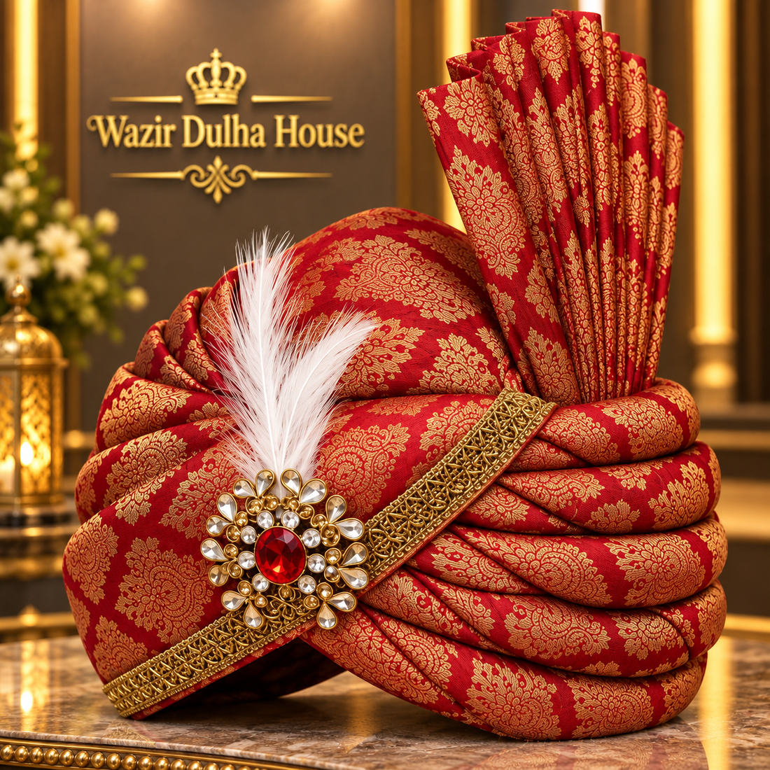 Royal Crimson Brocade Groom Turban