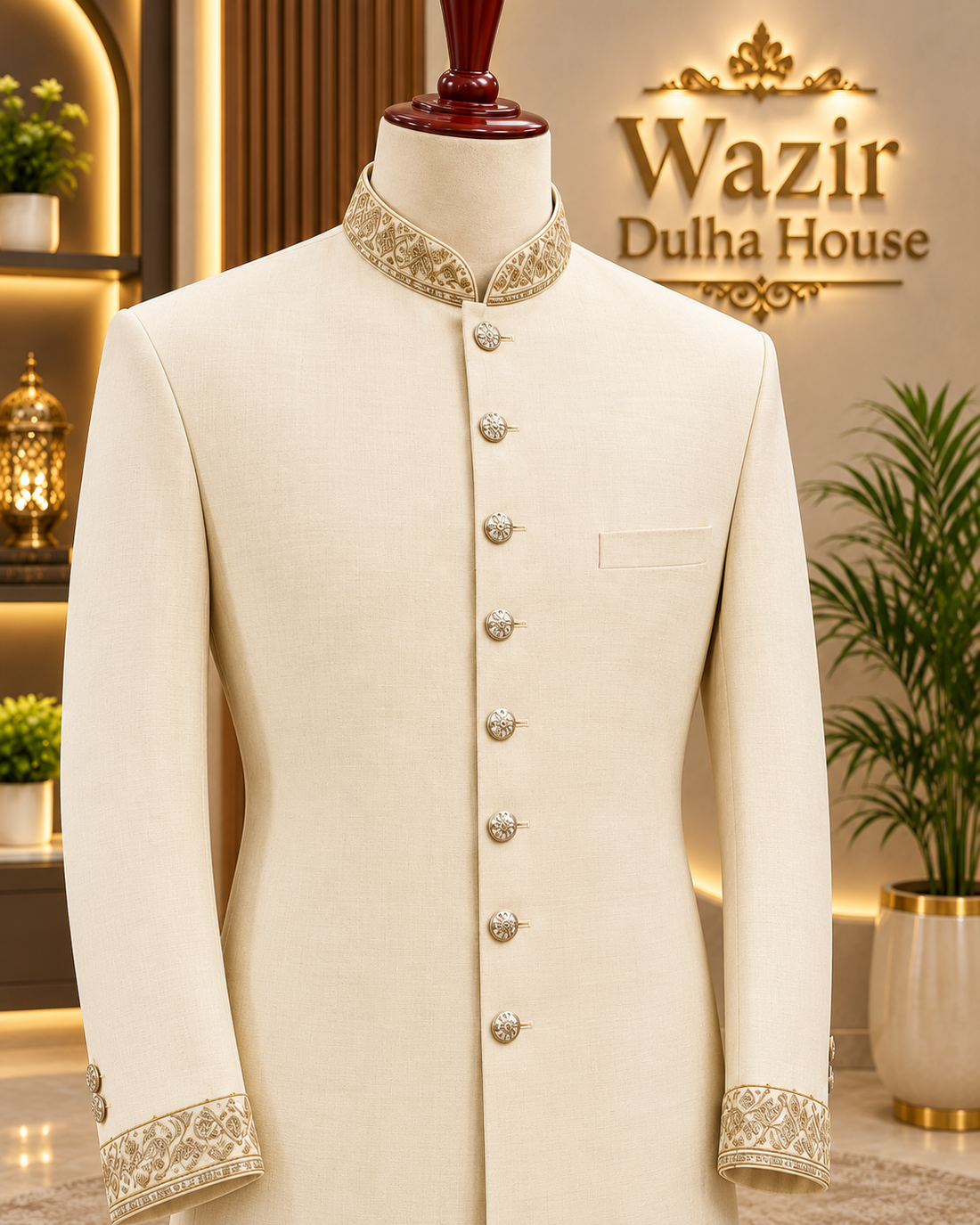 Ivory Gold Embroidered Groom Sherwani