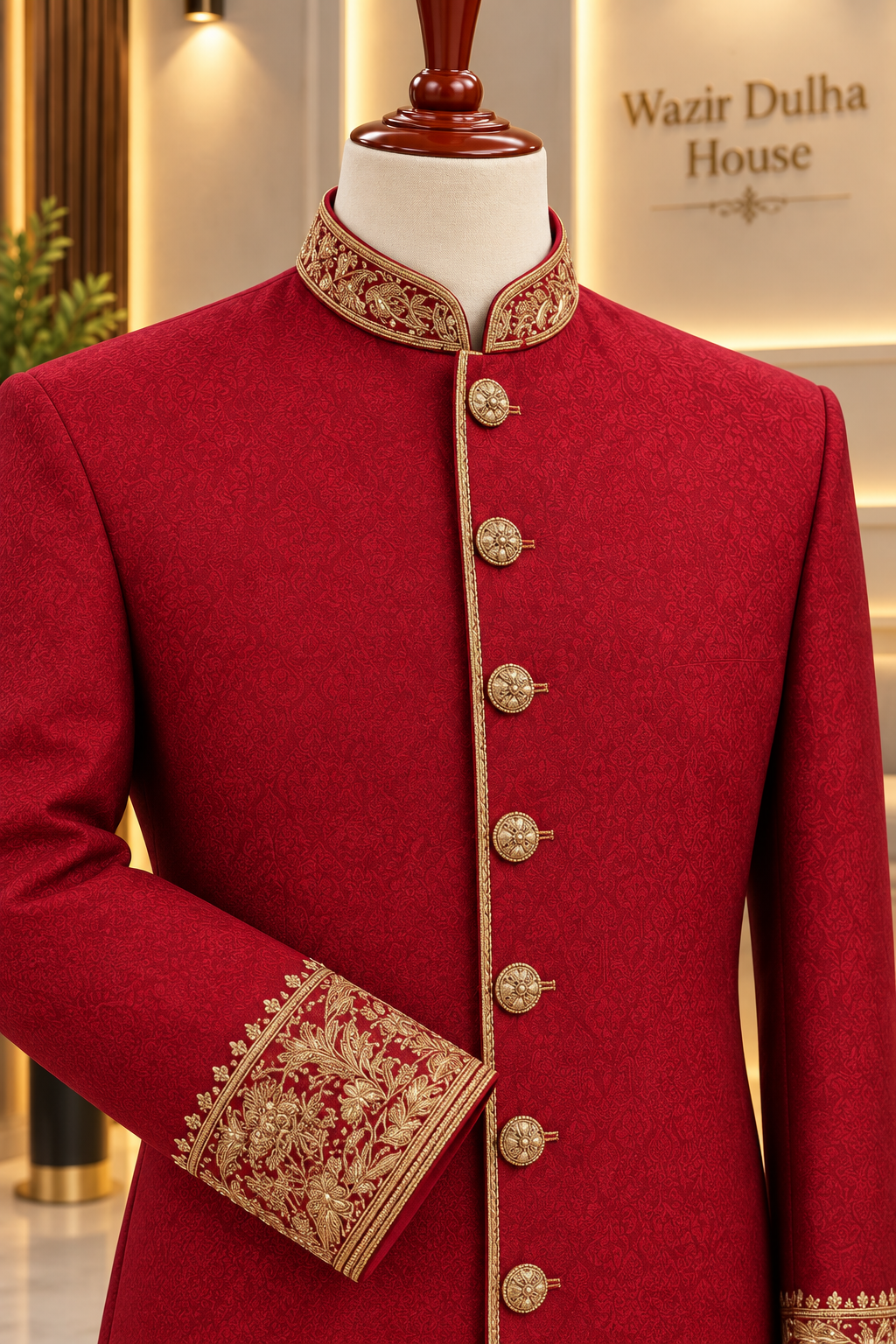 Royal Crimson Gold Embroidered Sherwani