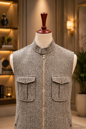 Stone Grey Herringbone Utility Waistcoat