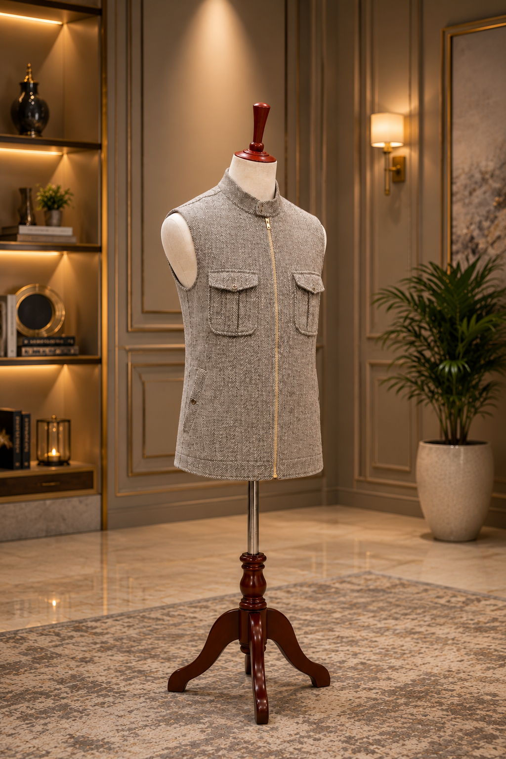 Stone Grey Herringbone Utility Waistcoat