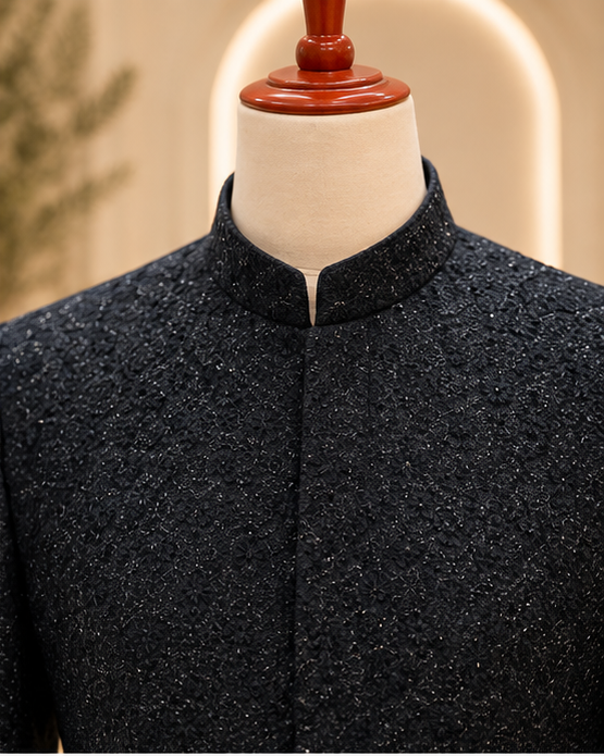 Midnight Black Full Embroidered Sherwani