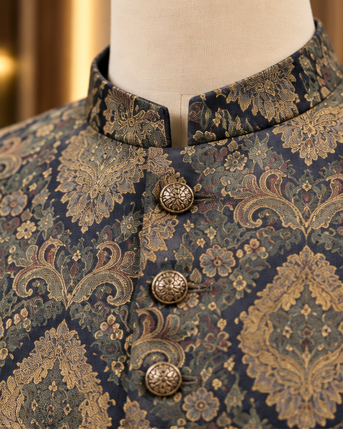 Jamawar Royal Charcoal Gold Brocade Waistcoat