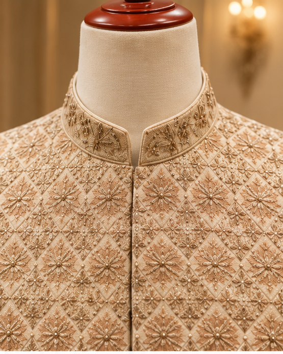 Royal Champagne Gold Full Embroidered Sherwani