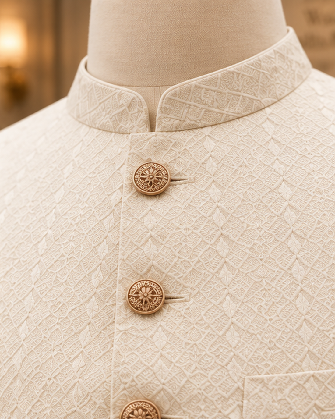Ivory Jacquard Classic Waistcoat with Antique Gold Buttons