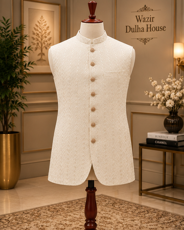 Ivory Jacquard Classic Waistcoat with Antique Gold Buttons