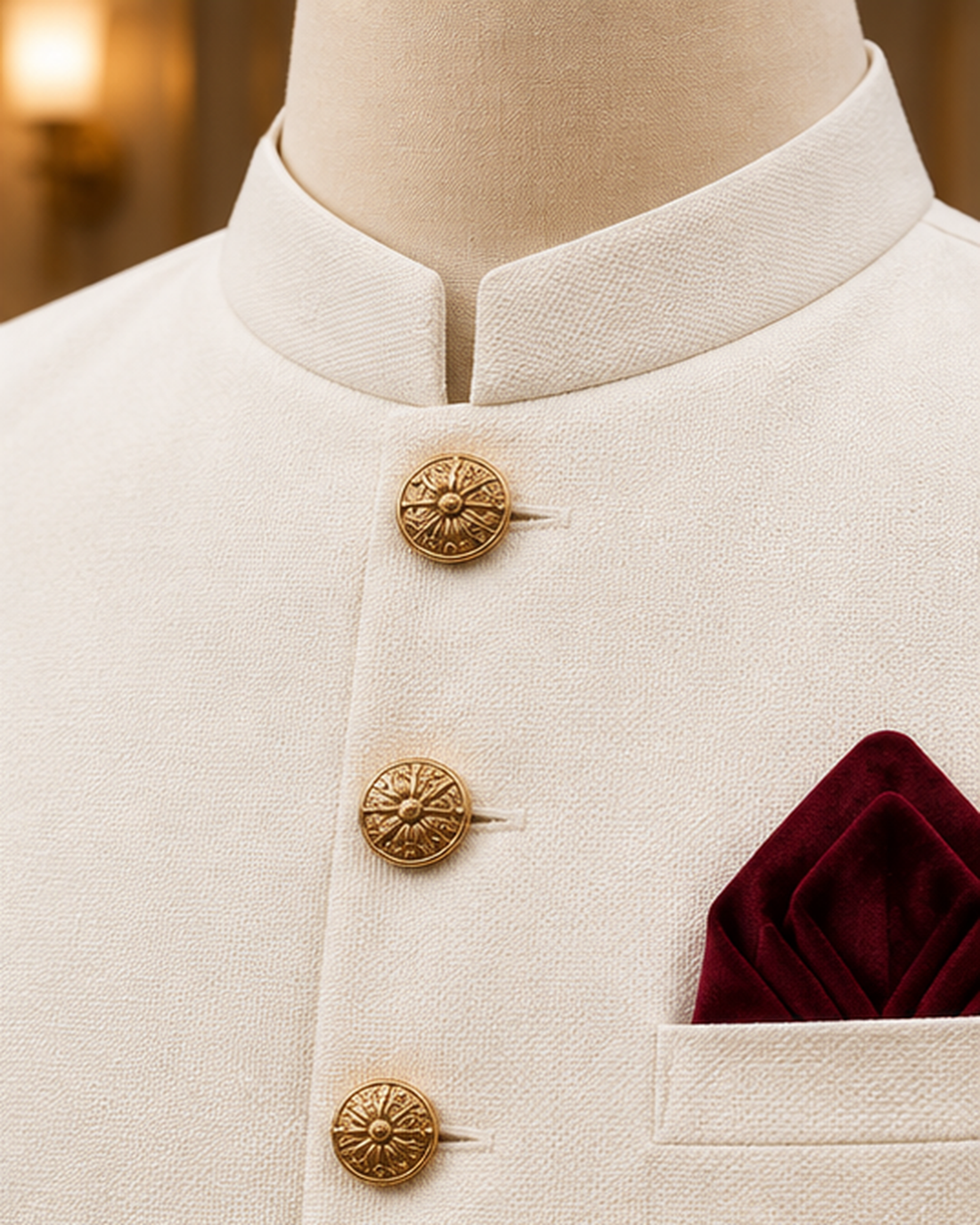 Ivory Classic Waistcoat with Antique Gold Buttons & Burgundy Pocket Square