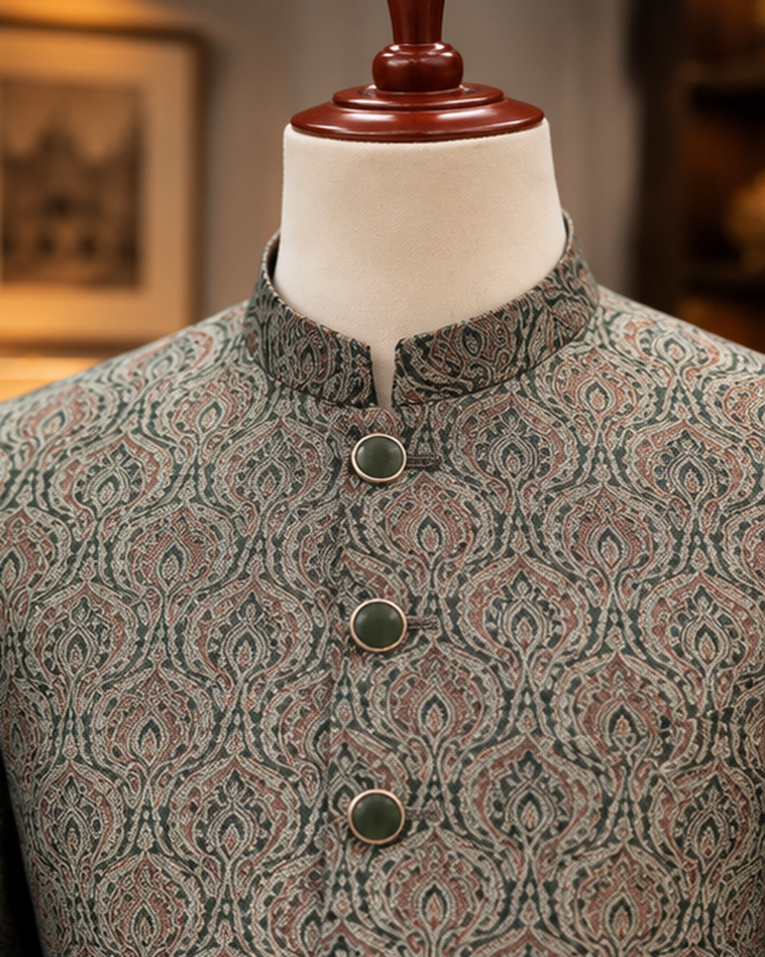 Jamawar Olive Paisley Jacquard Prince Coat