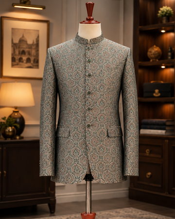 Jamawar Olive Paisley Jacquard Prince Coat