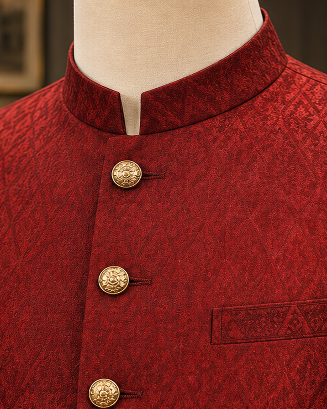 Jamawar Waistcoat with Gold Buttons